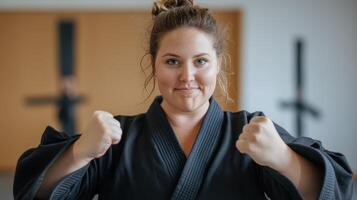 A woman in karate gear is posing for the camera photo