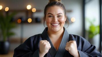 A woman wearing a dark martial arts uniform smiles with excitement, showing confidence and accomplishment in her training environment filled with soft lighting and greenery photo