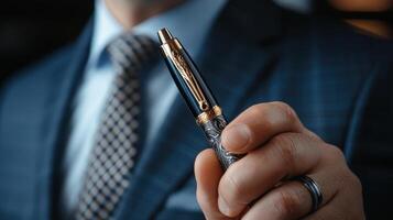 A professional man in a formal suit holds a luxurious pen, showcasing fine details of the writing instrument. The setting reflects a business environment, with a stylish background photo