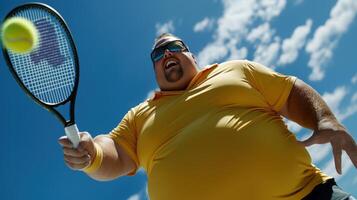 A man in a yellow shirt and sunglasses swings a racket, ready to hit a tennis ball. He's at an outdoor tennis court, enjoying the warm weather and vibrant atmosphere photo