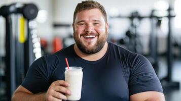 A muscular man with a beard smiles broadly, holding a protein shake in a gym filled with equipment. He conveys a sense of enjoyment after a workout, promoting fitness and nutrition photo