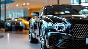 A sophisticated black luxury car is prominently displayed in a modern dealership. Bright lighting highlights its sleek design while other luxury vehicles are visible in the background photo