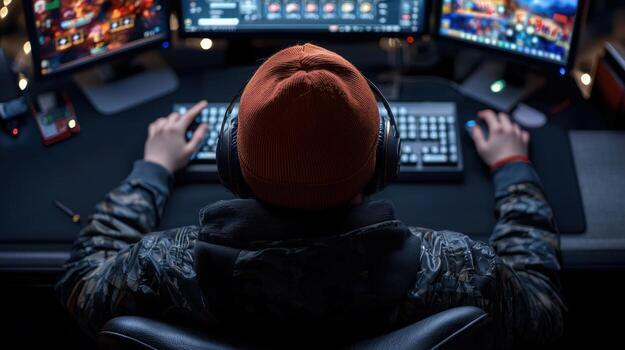 A dedicated gamer is engaged in gameplay at a home workstation featuring multiple monitors and soft ambient lighting. The individual wears headphones and a beanie photo