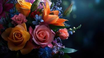 A bouquet of flowers with a blue and purple flower in the middle photo