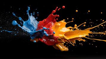 A splash of paint with blue, red, and yellow colors photo