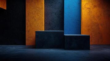 Three blocks in front of a wall with orange, blue and black stripes photo