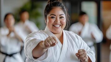 A woman in karate gear smiling at the camera photo
