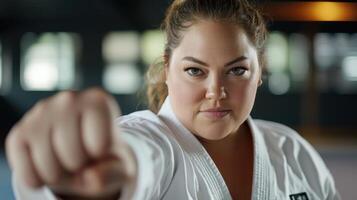 A woman in a karate outfit is pointing at the camera photo