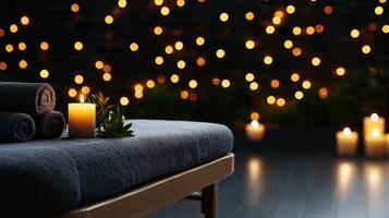 Spa massage table with candles and candles in front of a wall of lights photo