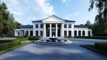 A large white mansion with a fountain in the middle photo