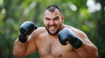 A man with a beard and boxing gloves photo