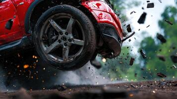 A red car is flying through the air photo