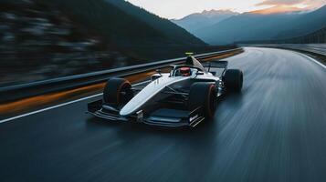 A racing car driving on a mountain road photo