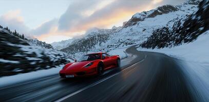A red sports car driving down a mountain road photo