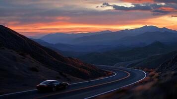A car driving on a winding road at sunset photo