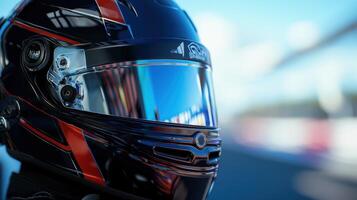 A close up of a helmet with a racing car photo