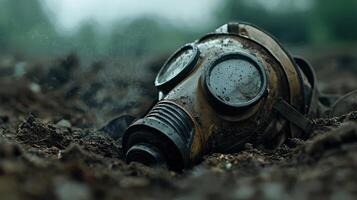 A gas mask laying in the dirt photo