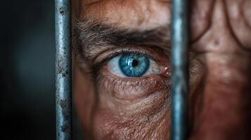 A man's eye is seen through bars of a jail cell photo