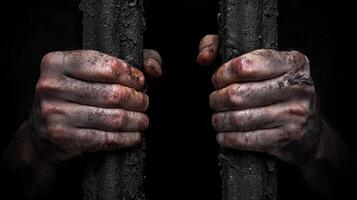 Hands of a prisoner in prison, hands behind bars photo