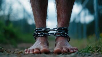 A man's feet with chains attached to them photo