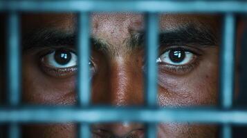 A man behind bars looking through a metal cage photo