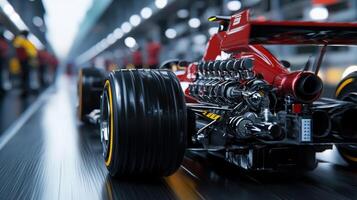 A close up of a racing car with its engine on photo