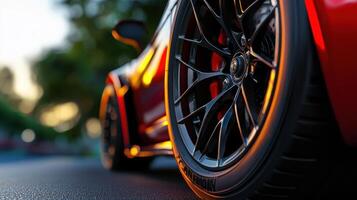 A close up of a red sports car with its wheels photo