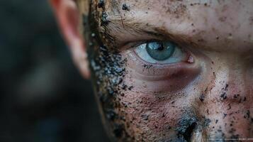 A close up of a boy's face covered in mud photo
