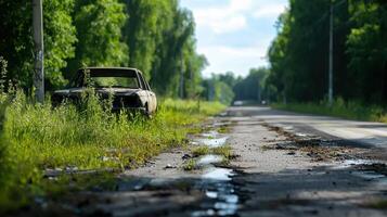 An old car is sitting on the side of a road photo