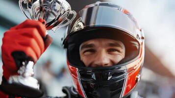 A man in a helmet holding up a trophy photo