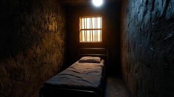 A bed in a prison cell with a window photo