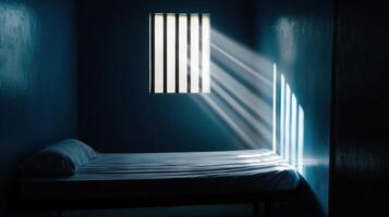 A bed in a room with bars on the window photo