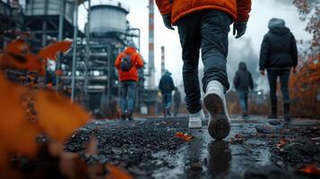 People walking in the rain with an industrial plant in the background photo