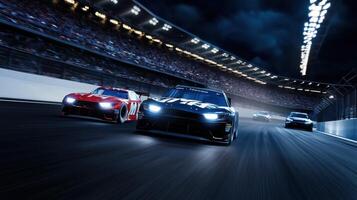 Nascar racing cars racing on the track at night photo