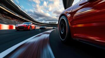 Red sports car racing on a track photo