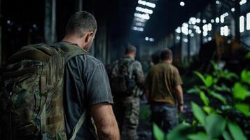 A group of soldiers walking through an abandoned building photo