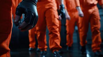 Orange prison uniforms with black gloves photo