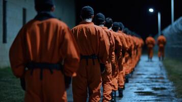 Prisoners in orange uniforms walking down a path photo
