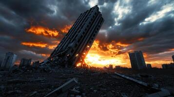 A building is destroyed by a sunset photo