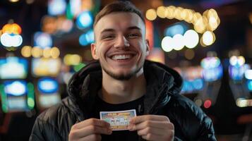A man smiles while holding up a lottery ticket photo