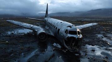 An old airplane sits in the mud on a cloudy day photo