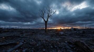 A dead tree in the middle of a destroyed landscape photo