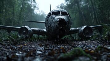 An airplane sits in the middle of a forest photo