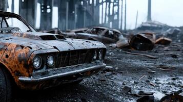 A rusted out car sits in a pile of rubble photo