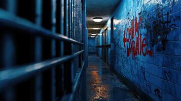 A dark hallway with graffiti on the wall photo