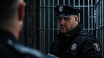 A man in a police uniform is standing in front of a jail cell photo