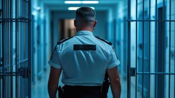 A man in a prison uniform is walking through a hallway photo