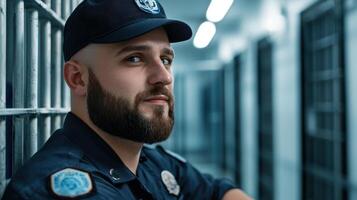 A man in a police uniform is leaning against a wall photo