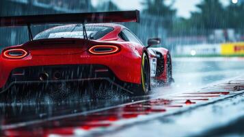 A red sports car driving on a wet track photo