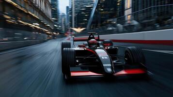 A racing car driving on a city street photo